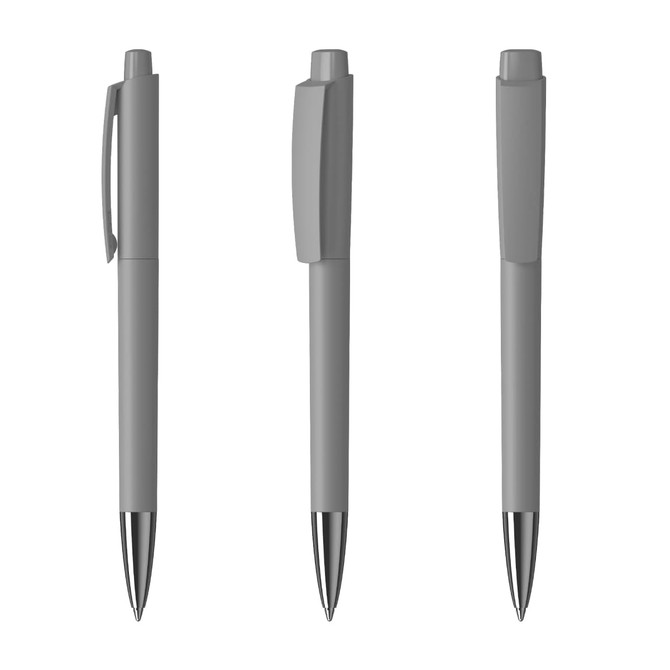 A set of three grey metal pens with high gloss finishes and a branded design.