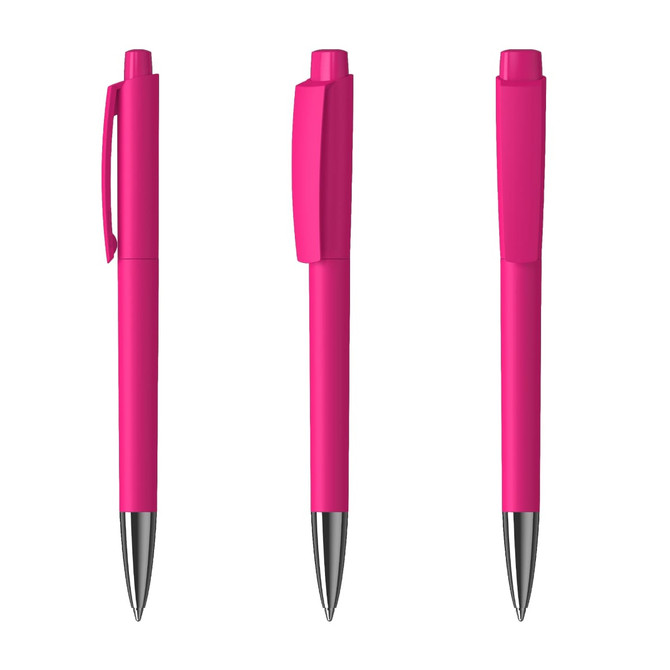 A pink metal pen with a high gloss finish and a clip, showcasing a sleek design from multiple angles.