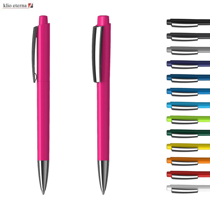 A pink plastic pen with a silver clip, alongside a variety of pens in different colours.