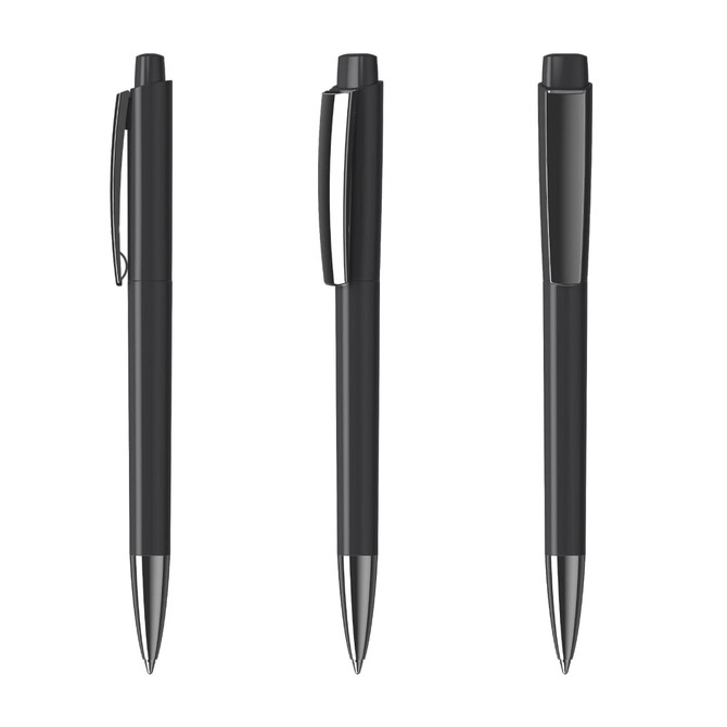 A set of three black plastic pens featuring a sleek design and chrome accents, each with a clip and a branding logo.