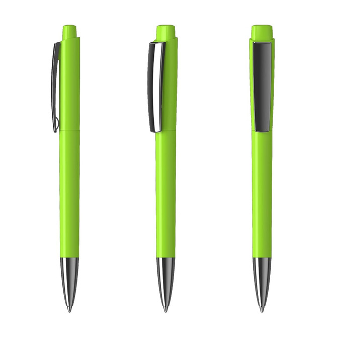 A green plastic pen with a glossy finish and a metal clip, displayed from three different angles.