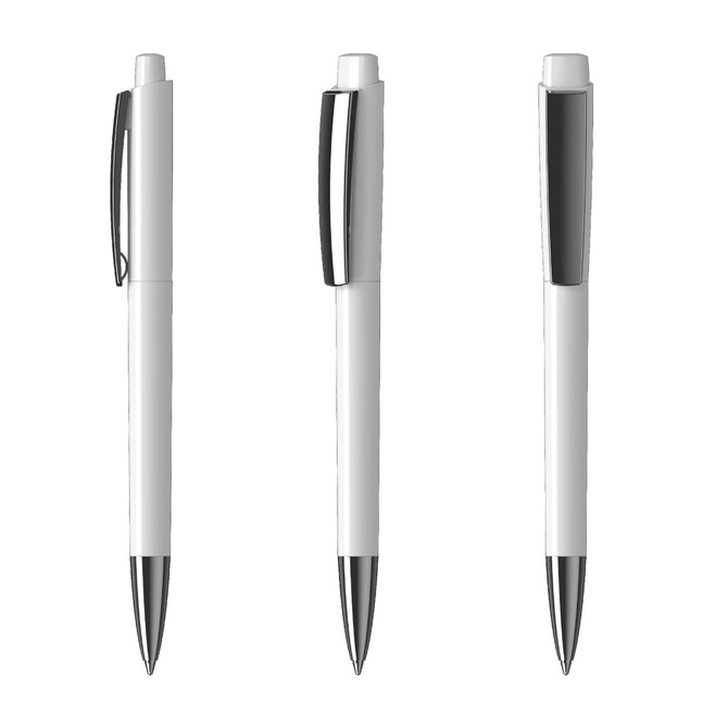 A white plastic pen with high gloss finish, featuring chrome accents and a clip. Displayed from multiple angles.