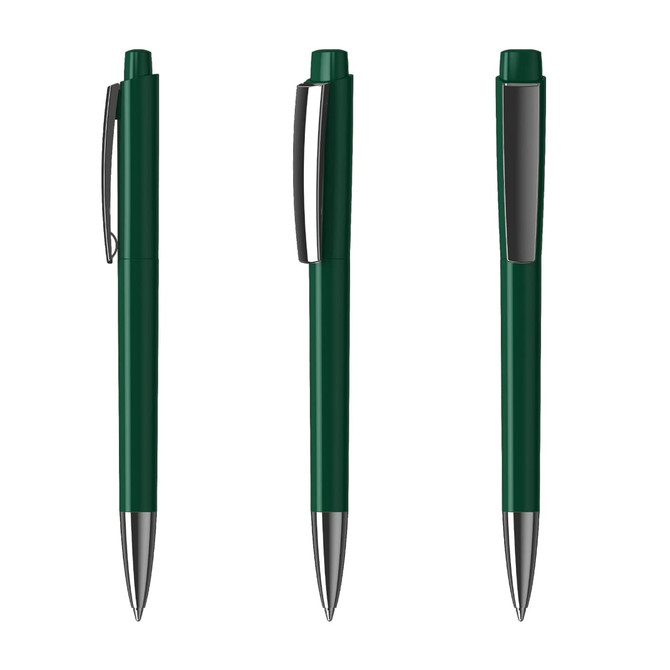 A set of three green plastic pens with silver accents and clips, featuring a sleek high-gloss finish.