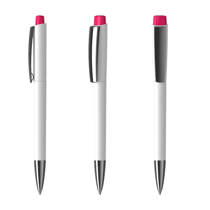 A set of three plastic pens featuring a white body and bright pink cap, with silver accents and a logo.