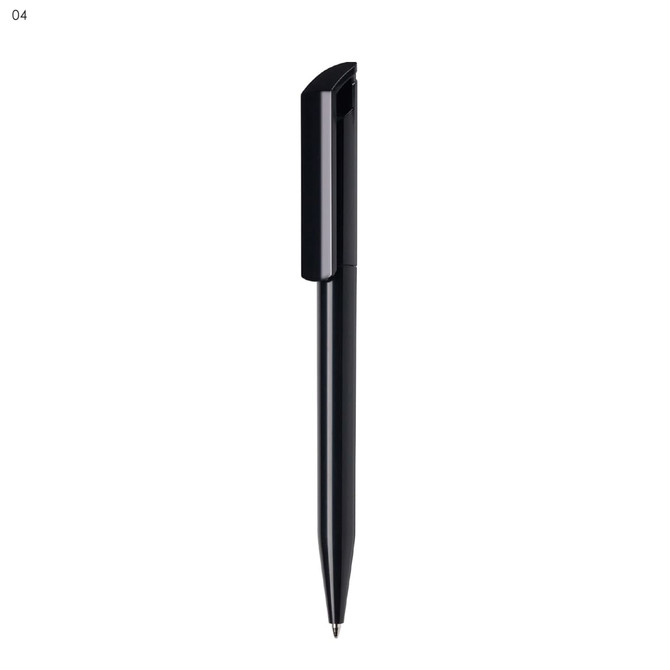 A black plastic pen with a sleek design and a clip on top, featuring a branding logo.