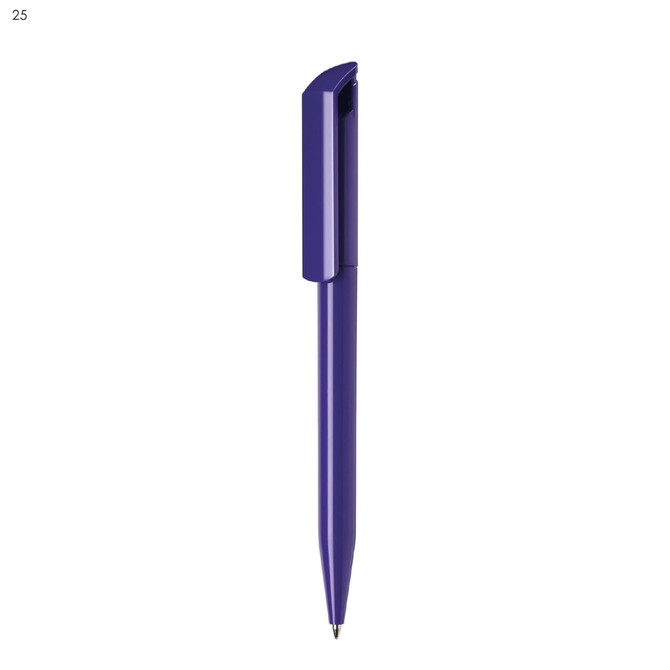 A purple plastic pen with a sleek design and a clip for attachment. It features a branding logo.