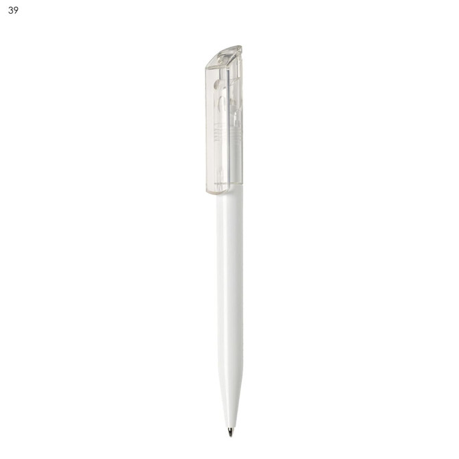 A white plastic pen with a clear cap and a branding logo, featuring a simple and sleek design.
