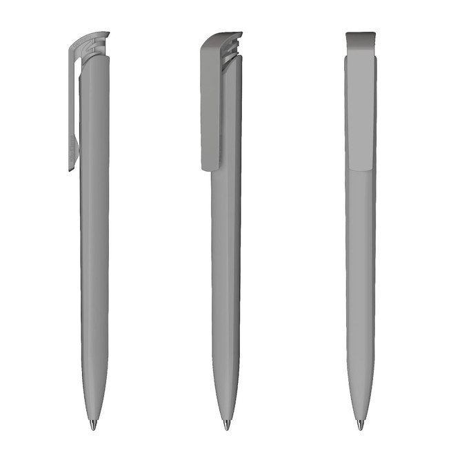 A set of three grey plastic pens with a high gloss finish and a clip design. The pens feature a sleek, modern look.