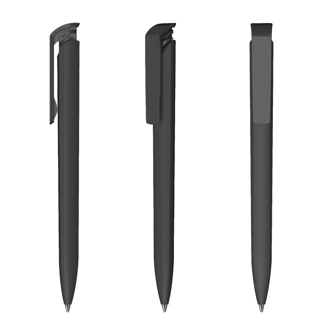 A sleek black plastic pen with a high gloss finish, featuring a clip and logo design.