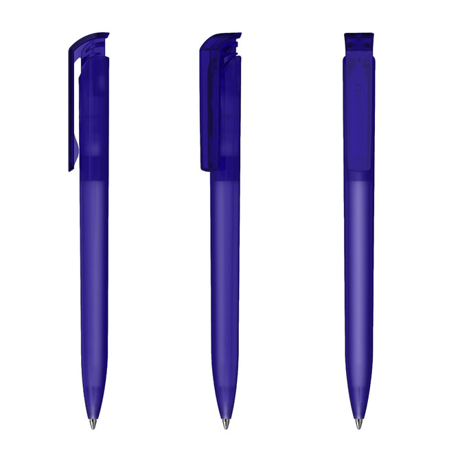 A set of three transparent blue plastic pens with clips and smooth barrels, featuring a logo on one side.