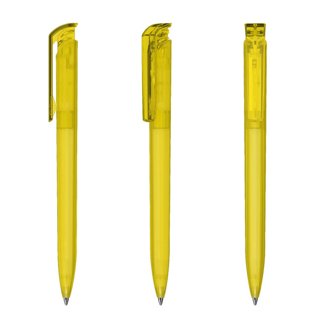 A transparent yellow plastic pen featuring a clip and a smooth writing tip, displayed from different angles.