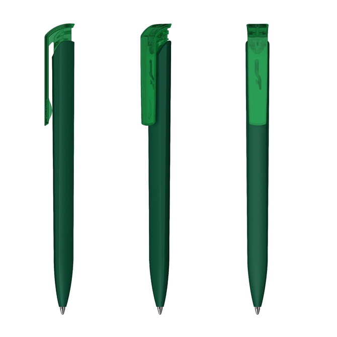 A green plastic pen with a transparent clip, featuring a sleek design. It has a logo on the side.