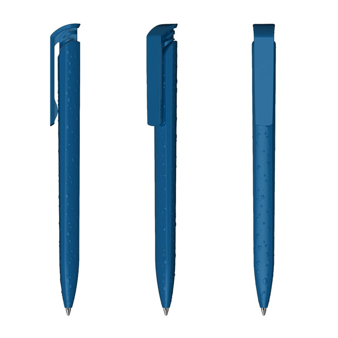 A plastic pen with a high gloss finish in a deep blue colour, featuring a clip and a sleek design.