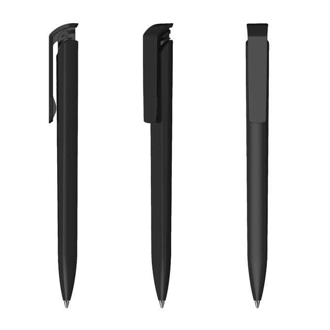 A black plastic pen with a sleek design, featuring a clip and a smooth writing tip, shown from multiple angles.