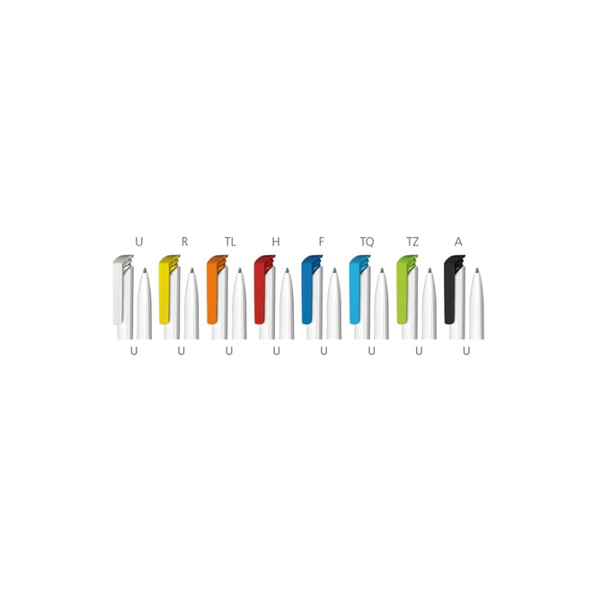 A selection of plastic pens in various bright colours, featuring metallic tips and branding.