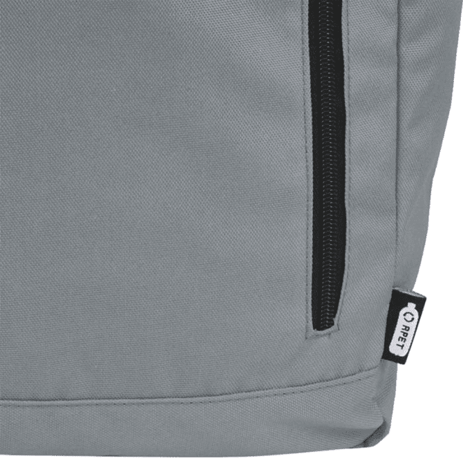 A grey roll-top backpack featuring a zippered pocket and a small brand logo.