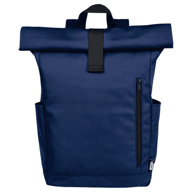 A navy blue roll-top backpack with a front zip pocket and side pockets, featuring a logo on the side.