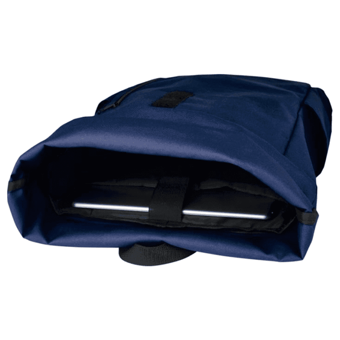 A navy roll-top backpack opened to reveal a laptop inside, featuring a logo on the exterior.