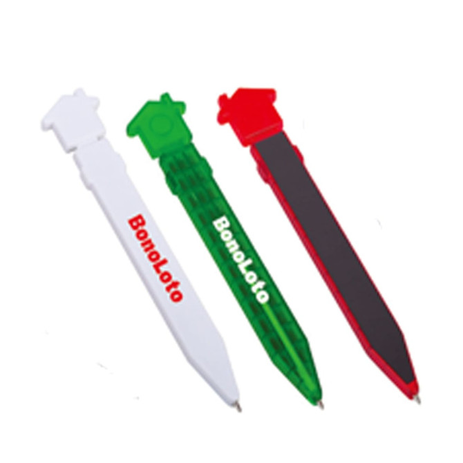 A set of three novelty pens in white, green, and red, featuring a house-shaped top. Each pen has a logo.