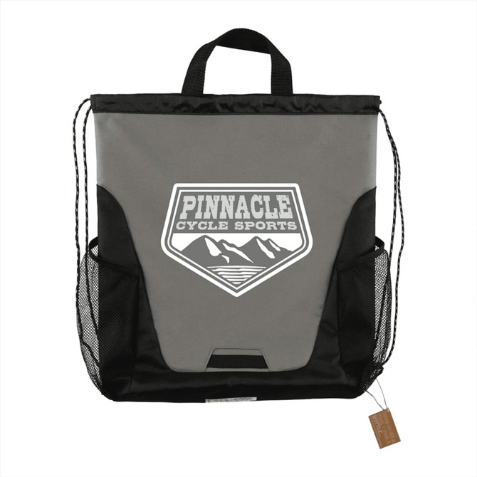 A grey and black drawstring bag with a logo, featuring mesh side pockets and a top handle.