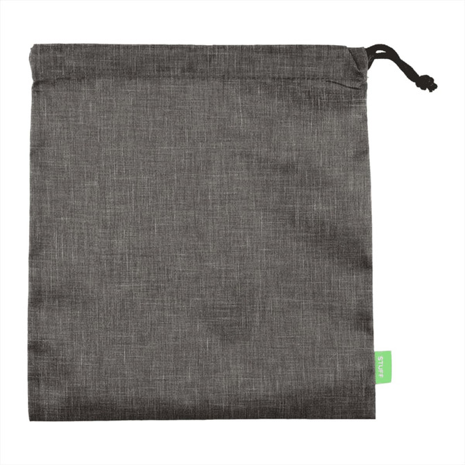A grey toiletry bag with a drawstring closure and a small logo tag in green.