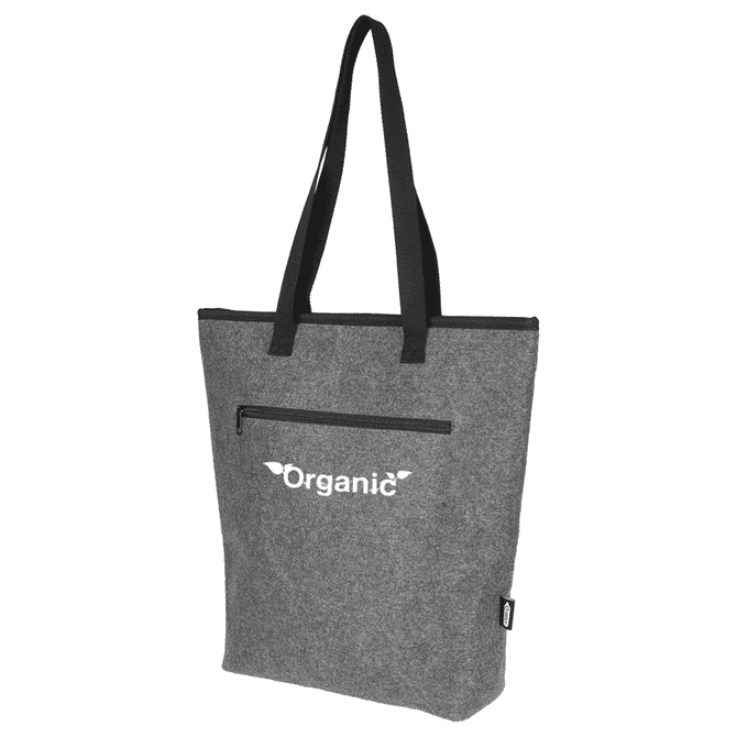 A grey cooler tote bag with black straps, featuring a front zip pocket and a logo. Suitable for carrying drinks or snacks.