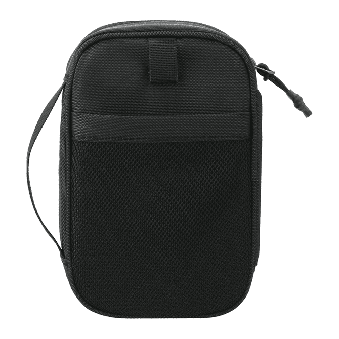A black toiletries bag with a mesh front pocket and a zipper closure. It features a handle for easy carrying.