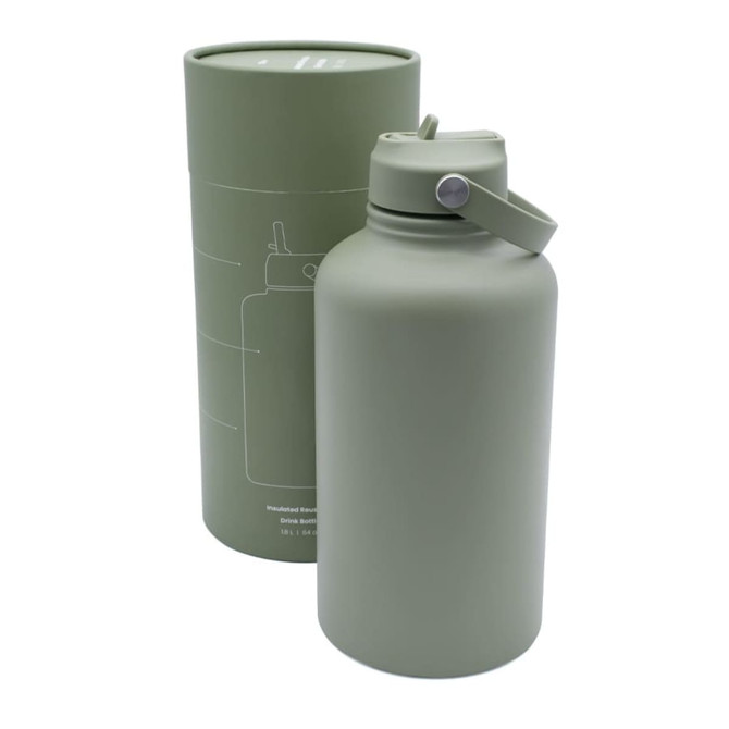 A drink bottle in matte green with a flip-top lid, accompanied by a matching cylindrical container.