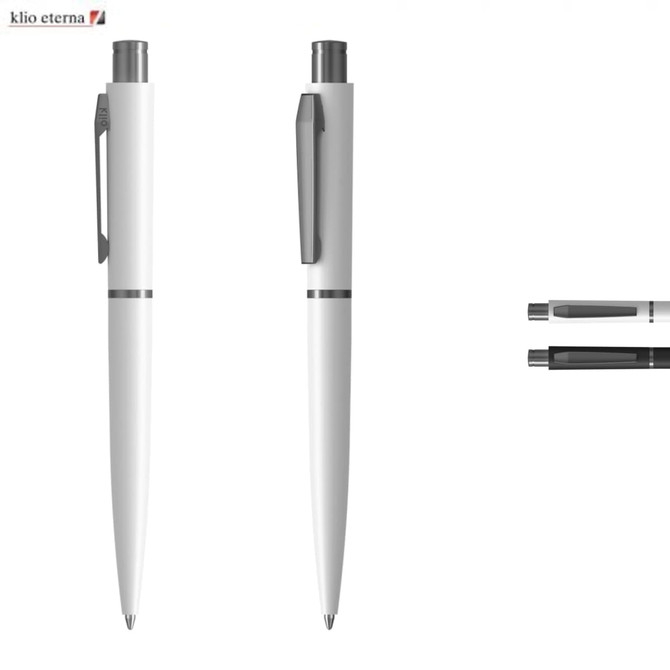 A metal pen in white with a silver clip, featuring a branded logo.