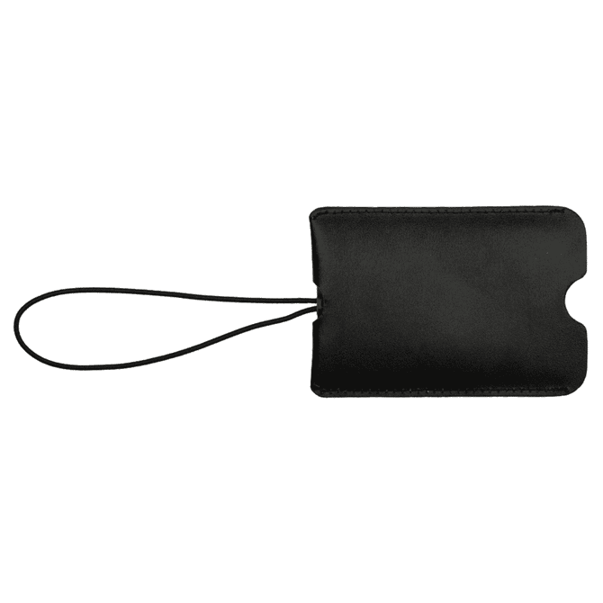A black leather luggage tag with a pull-apart design and a secure attachment strap.