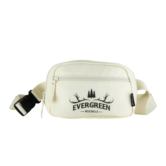A cream bum bag featuring a front zipper pocket and a logo design with trees and antlers.
