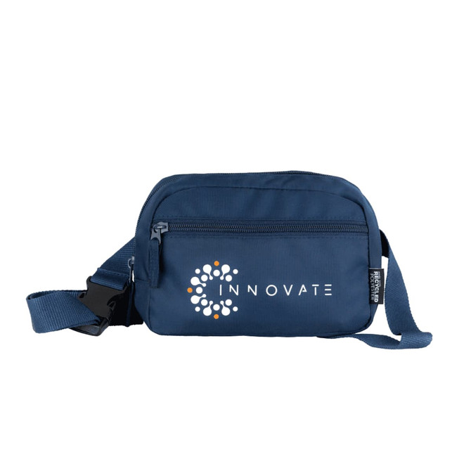 A navy blue recycled sport bum bag with a zippered compartment and an adjustable strap, featuring a logo.
