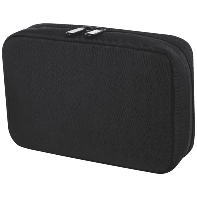 A black organiser pouch with a zip closure and a logo, featuring a rectangular shape and soft fabric.