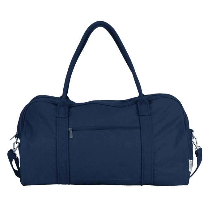 A navy blue duffel bag with dual handles, adjustable shoulder strap, and a front zipper pocket. It features a logo.