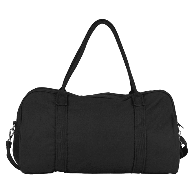 A black duffel bag with dual handles and an adjustable shoulder strap, featuring a logo.