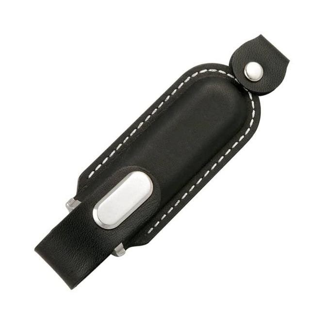 A black leather flash drive holder with white stitching and a silver button closure. It features a smooth, sleek design.