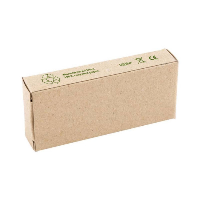 A brown cardboard box containing a bamboo flash drive, labelled with recycling symbols and a logo.