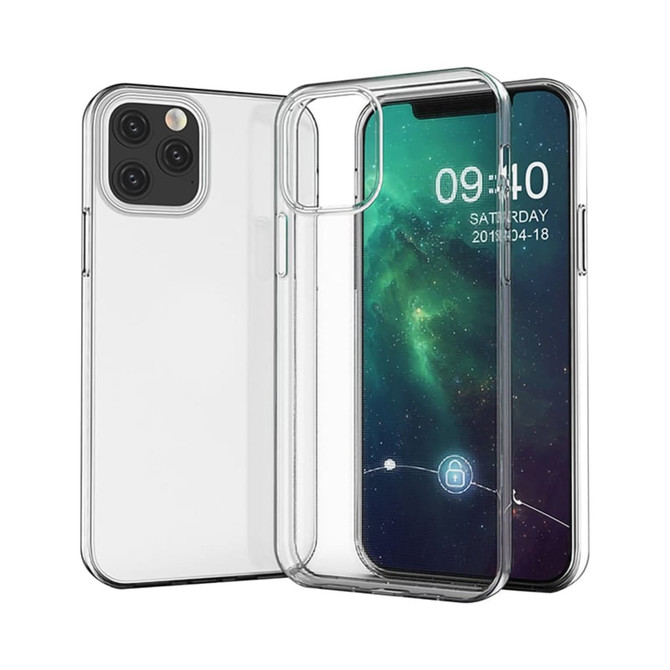 A clear TPU iPhone case displayed from different angles, with a phone visible inside showcasing a cosmic background.