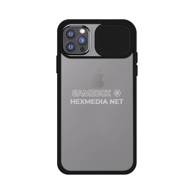 A phone case for an iPhone featuring a black and transparent design with a logo.
