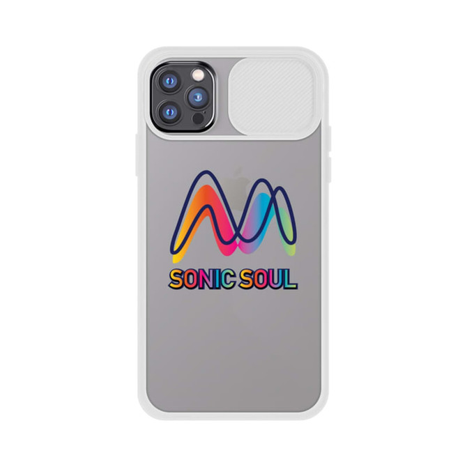 A grey iPhone case with a multi-coloured design and a logo, featuring a white camera cover.