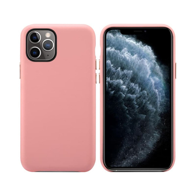 A pink PU iPhone case with a sleek design, displayed on a phone and alone, featuring a logo.