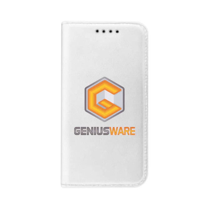 A white folio iPhone case features a logo design on the front. It has a sleek, minimalistic appearance.