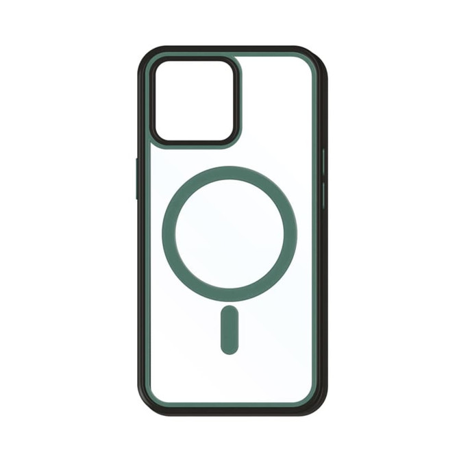 A green and clear MagSafe iPhone case featuring a circular design, with a black border.