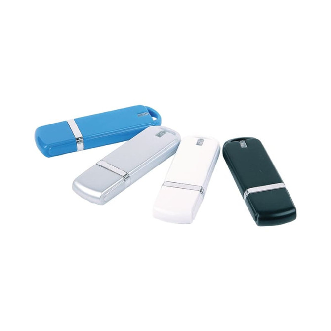 A collection of four flash drives in blue, silver, white, and green, featuring a sleek design and a logo.