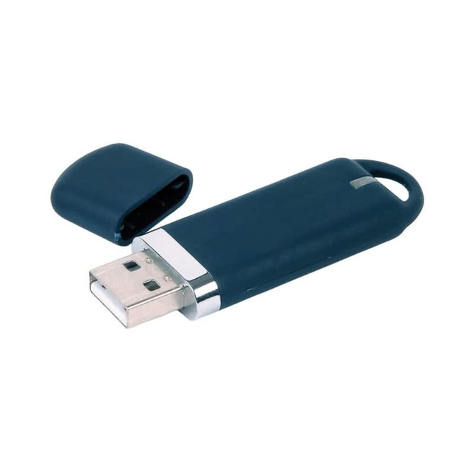 A navy blue flash drive with a metallic end and a removable cap, featuring a branding logo.