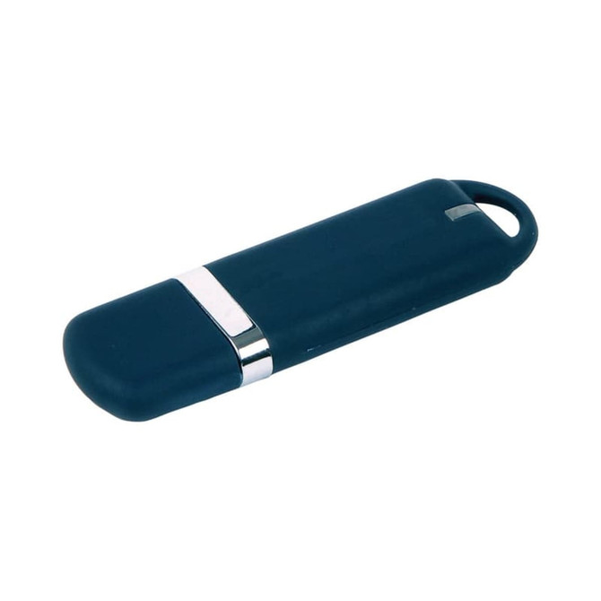 A dark blue flash drive with a silver band, featuring a smooth design and rounded edges.
