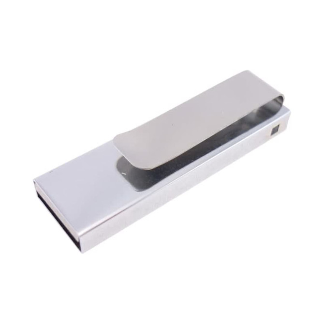 A silver USB clip drive with a sleek design and a clip on one side. It includes a branding logo.