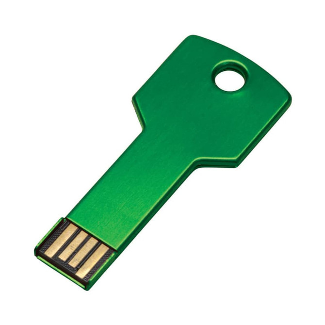A green USB key flash drive shaped like a key, featuring a hole for attachment. It has a sleek metal finish.