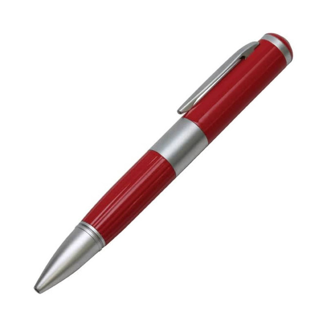 A metallic pen with a red barrel and silver accents, featuring a clip and sleek design.