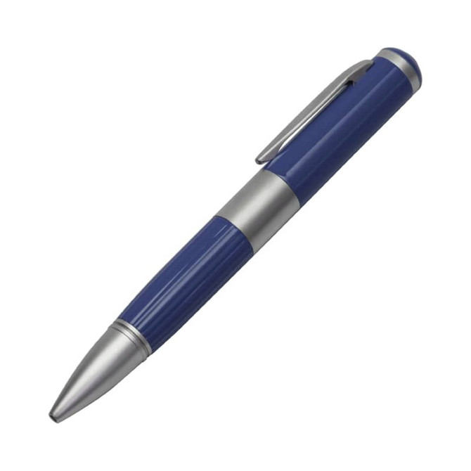 A metal pen featuring a blue body with silver accents and a clip, complete with a branding logo.